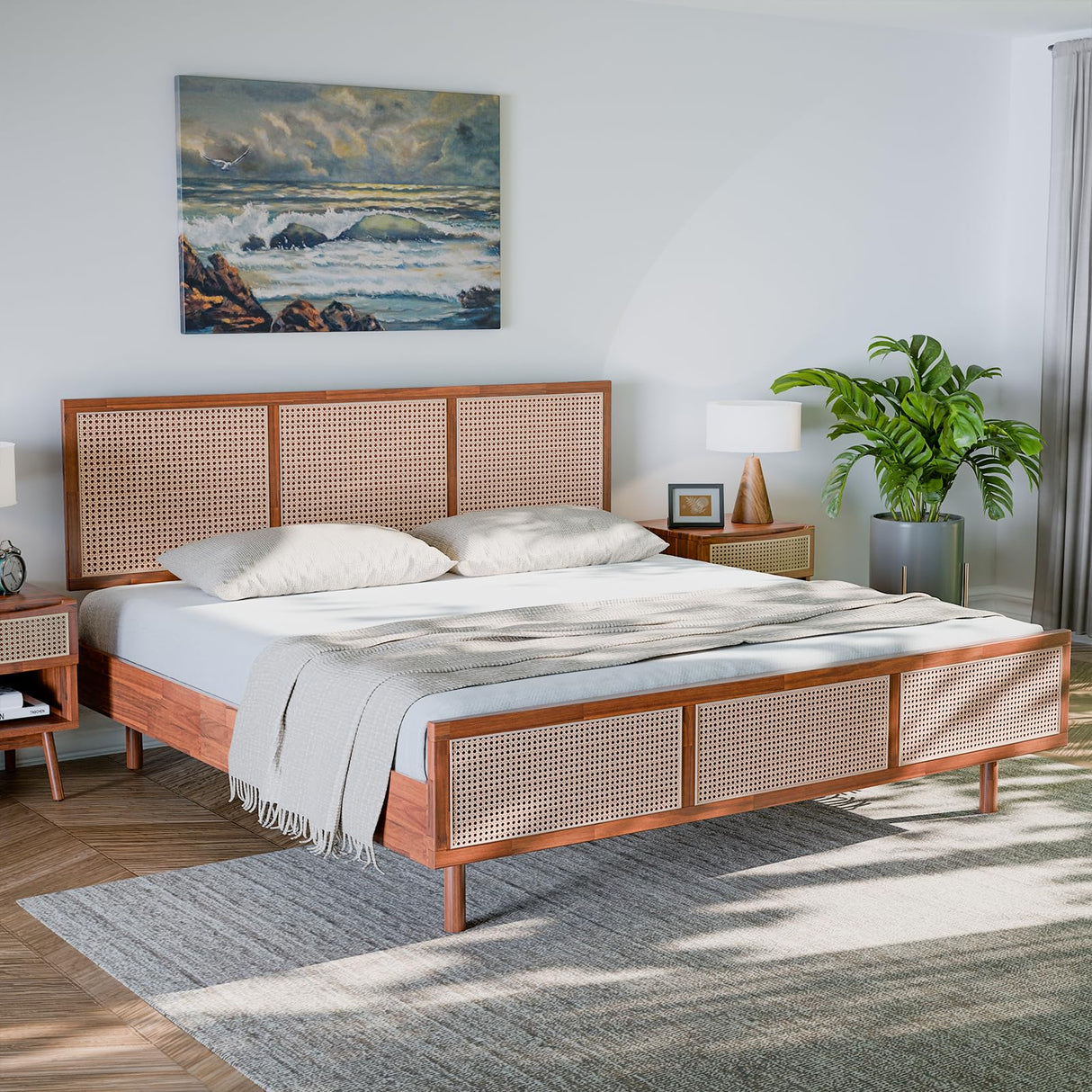 Bme Nancy Dark Chocolate King Bed Frame with Geometric Headboard – Mid Century Modern Solid Acacia Wood Design Bme