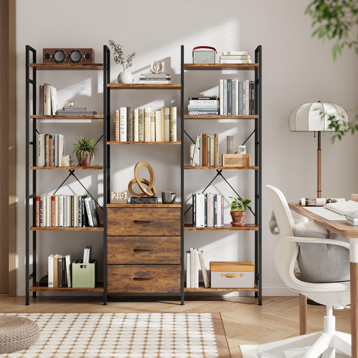 AFLUI Triple Bookshelf with 3 Fabric Drawers, 5-Tier Book Shelf and 10 Display Shelves, Industrial Large Bookcase for Home & Office, Rustic Brown, 47'' Wide AFLUI