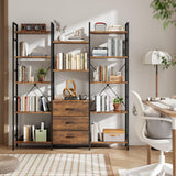 AFLUI Triple Bookshelf with 3 Fabric Drawers, 5-Tier Book Shelf and 10 Display Shelves, Industrial Large Bookcase for Home & Office, Rustic Brown, 47'' Wide AFLUI