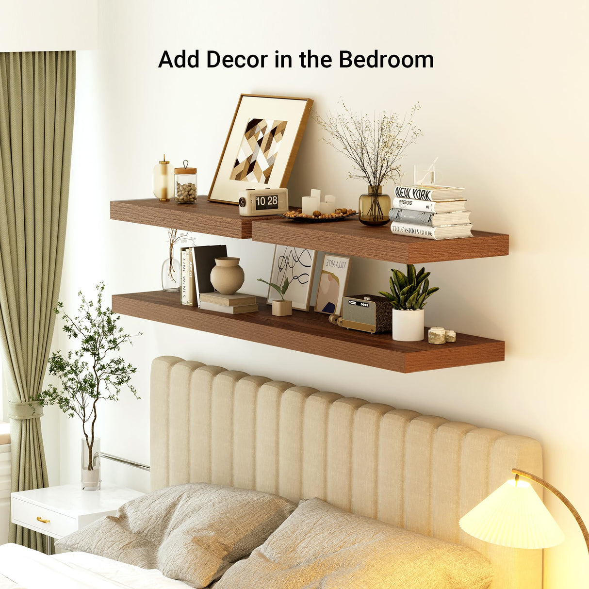 Heimlove 12 Inch Deep Floating Shelves, 55 x 12 inches Long Wall Shelf, Large Extra Display Shelf & Storage Shelf, Rustic Wood Wall Shelves for Fireplace Mantel, Set of 1(Walnut) Heimlove