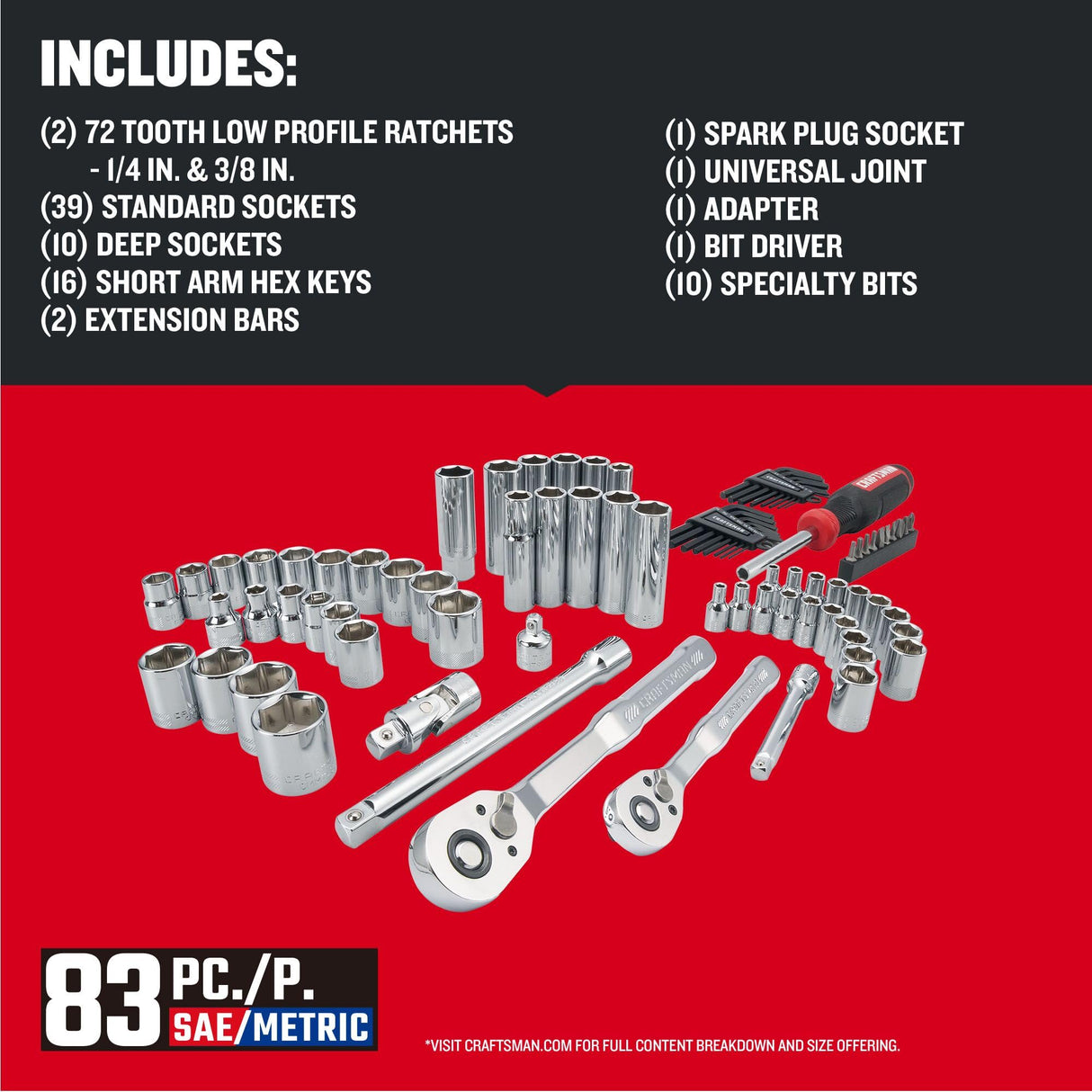 CRAFTSMAN Mechanics Tool Set, 83 Piece Hand Tool and Socket Set SAE/Metric (CMMT12121) CRAFTSMAN