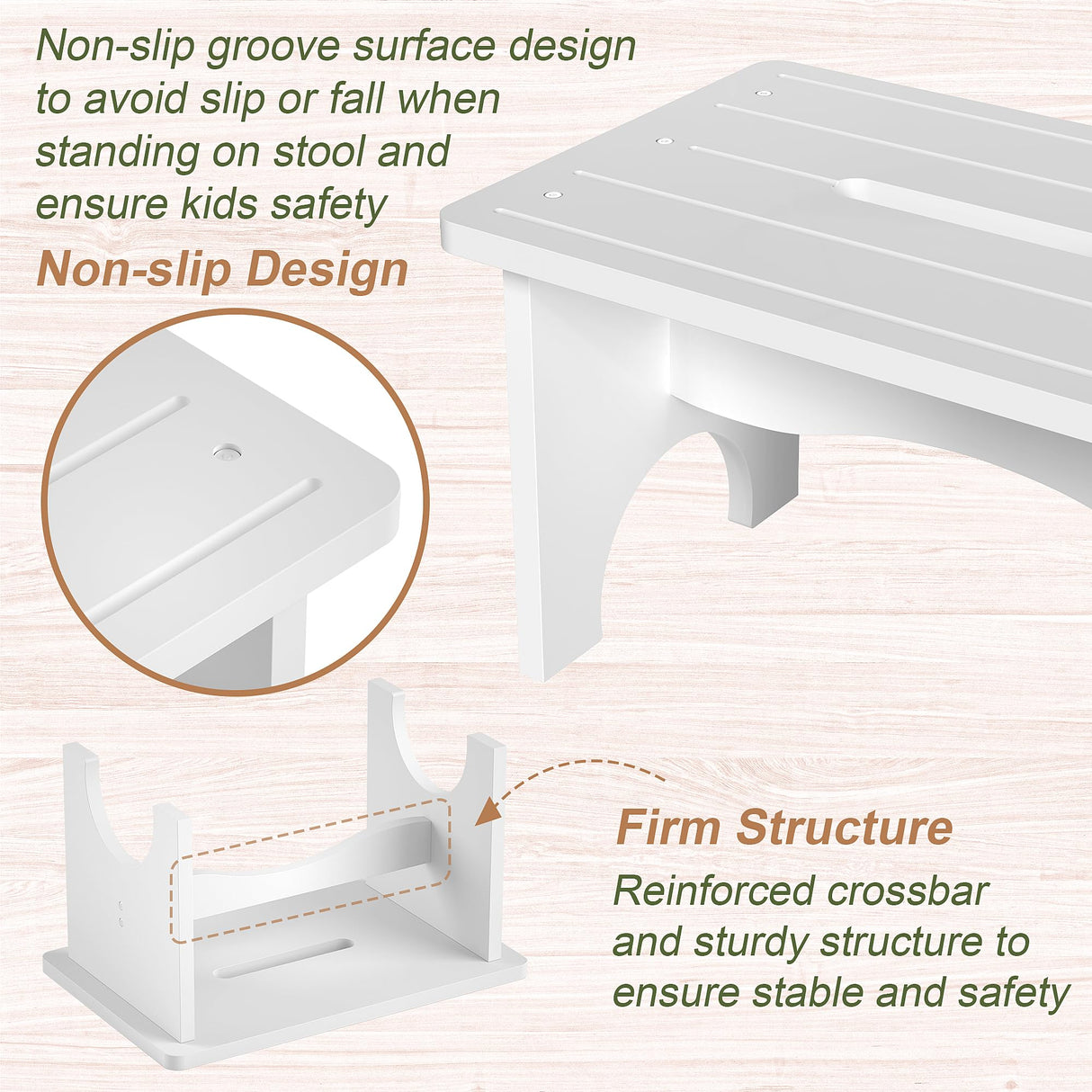 Wooden Step Stool for Adults, 9" Portable Wood Step Stool for Kids, Heavy Duty Bedside One Step Stool with 550 Lbs Load Capacity, Non-Slip White Foot Step Stool for Kitchen Bathroom Bedroom Eiwoda