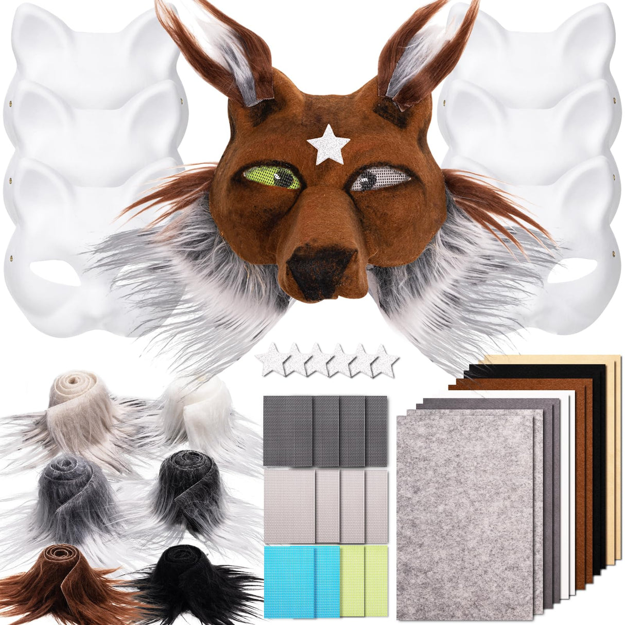 OPPKIE Cat Fox Therian Masks 6PCS with Felt Furs Eye Meshes and Stars, Costume Furry Masks to Paint, Animal Mask Arts Crafts Kit, Dress Up DIY for Halloween Christmas Cosplay Party Interaction OPPKIE