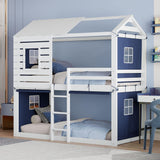 Harper & Bright Designs Twin Over Twin Bunk Bed, Wood Twin Size Bunk House Bed with Tent and Windows, Blue+White Harper & Bright Designs