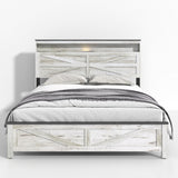 madeslves Farmhouse Wooden Bed Frame Queen Size with Storage Headboard, Boho Platform Bedframe with LED Lights and Charging Station, Metal Slats Support, No Box Spring Needed, White madeslves