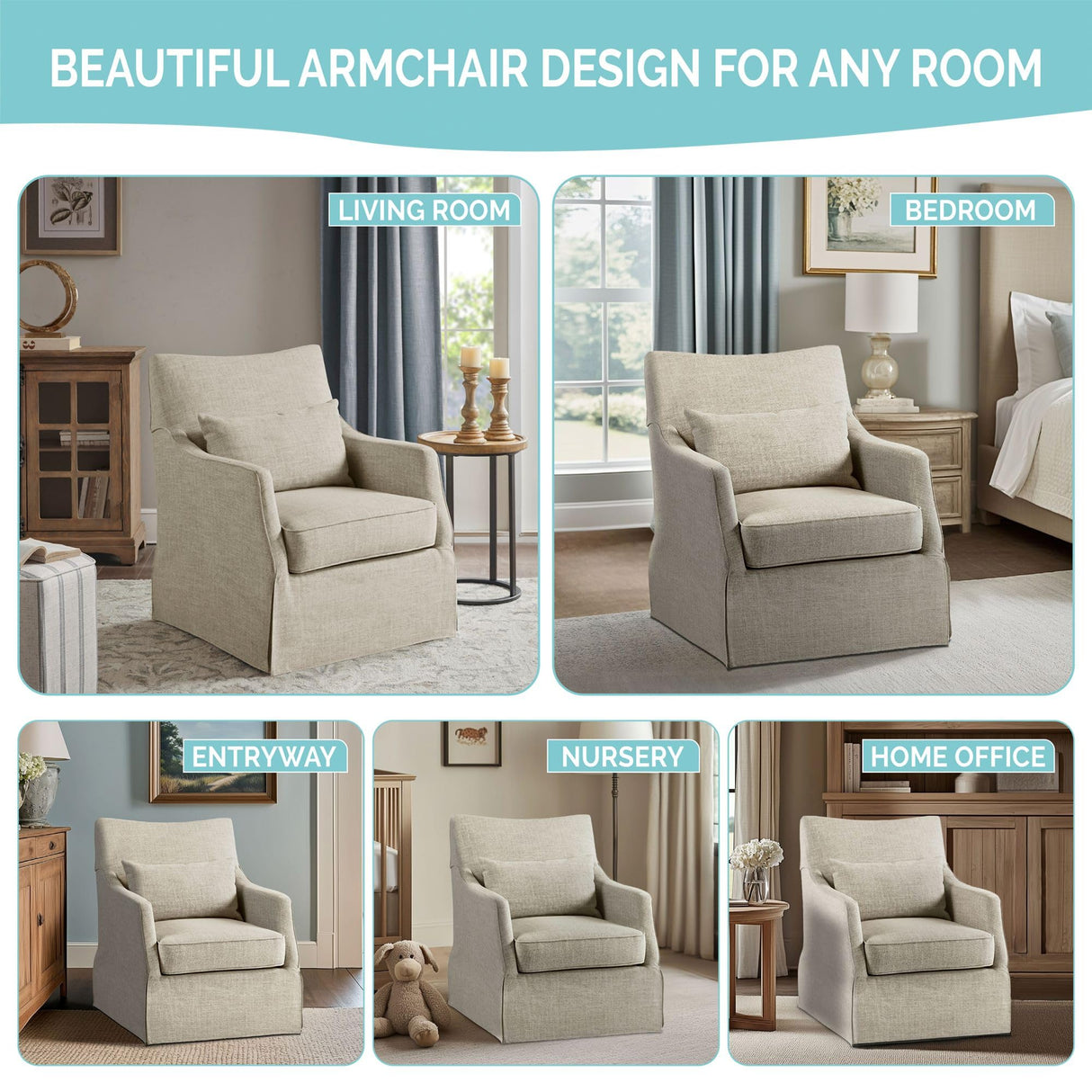 Martha Stewart London Swivel Chair - Solid Wood & Plywood, Skirted Metal Base Accent Armchair, Lumbar Pillow -Modern Classic Family Room Sofa Furniture Bedroom Lounge, 28"X31.5"X35.25", Light Blue Martha Stewart
