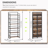 4NM No-Assembly 6 Tiers Folding Bookshelf Storage Shelves Vintage Bookcase Standing Racks Study Organizer Home Office (Rustic Brown and Black) 4NM