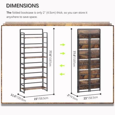 4NM No-Assembly 6 Tiers Folding Bookshelf Storage Shelves Vintage Bookcase Standing Racks Study Organizer Home Office (Rustic Brown and Black) 4NM