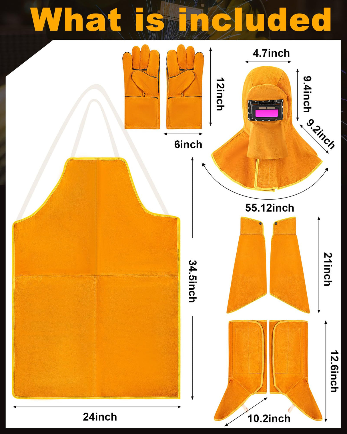 Jecery 5 Pcs Welding Flame Resistant 5 in 1 Set Include Cowhide Leather Welding Apron Welding Gloves Welding Sleeves Welding Spats Boot Covers Welding Hood with Light Lens and Neck Shoulder Protection Jecery