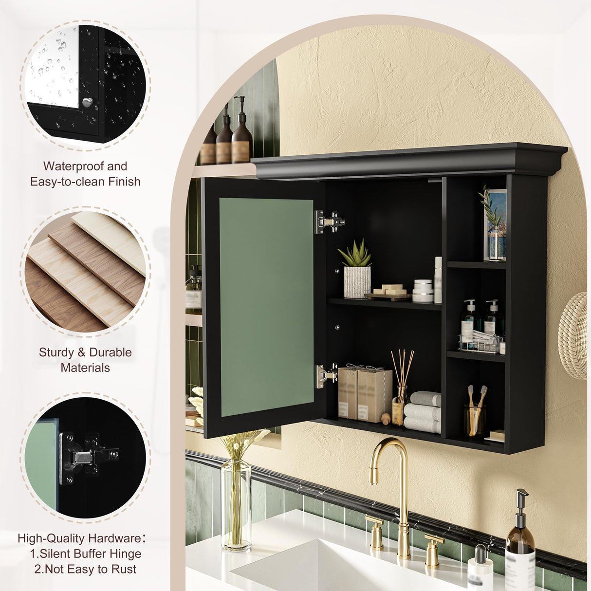 Virubi 36 Inch Wall Mounted Medicine Cabinet, Bathroom Storage Cabinet with Mirror Door and 6 Adjustable Open Shelf, Mirror Cabinet for Bathroom (Black) Virubi