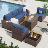 Aoxun 7 Pieces Patio Furniture Set with 44” Fire Pit Table Wicker Rattan Outdoor Sectional Conversation Set with Coffee Table and 4” Thickened Cushions, Blue(Waterproof Cover Included) Aoxun