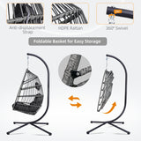 Foldable Hanging Egg Chair with Stand, HDPE Rattan and Heavy Duty Aluminum-Steel Frame, Outdoor Patio Wicker Swing Egg Chair with Headrest and Cushioned, 350 Lbs Capacity (Dark Grey) DAIJIA CHINA