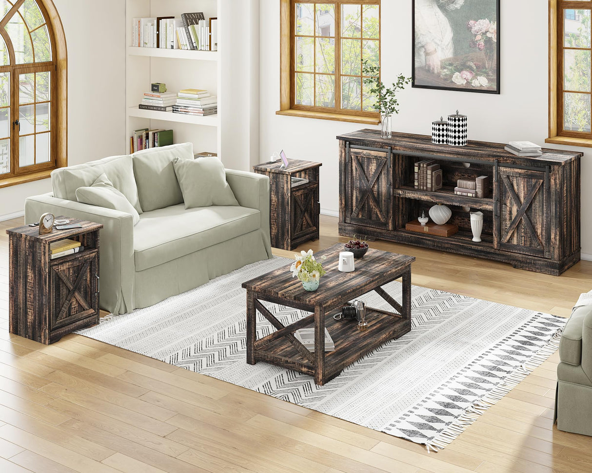 AMERLIFE 4-Piece Farmhouse Table Set Includes Sliding Barn Door TV Stand, Coffee Table& Two End Tables, Side Table with Charging Station and USB Ports, for Living Room, Dark Oak, 66" AMERLIFE