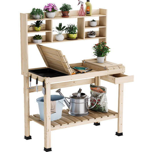 YITAHOME Outdoor Potting Bench Table w/Sink, Garden Potting Bench Outdoor Wood Workstation Table with Hooks/Flip-Up Tabletop/Drawer/Shelves for Patio, Garden