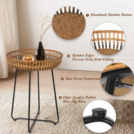 Oakrain Rattan Side Table Nesting Tables Set of 2, Bamboo Round Table Coffee Table Metal Base End Table for Boho Living Room, Sofa, Bedroom, Terrace, Accent Table(20.47inch) Oakrain