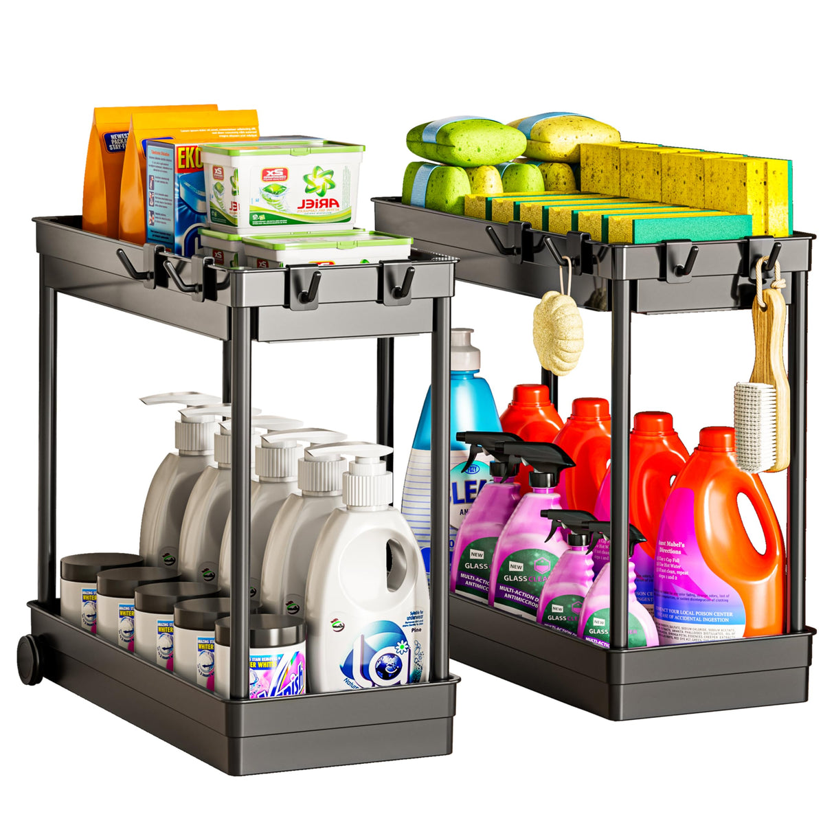 Cicilyna 2 Pack Under Sink Organizer, 2 Tier Bathroom Cabinet Organizers and Storage with Hook, Multi-purpose Storage Basket Shelf for Kitchen, Black Cicilyna