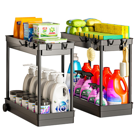 Cicilyna 2 Pack Under Sink Organizer, 2 Tier Bathroom Cabinet Organizers and Storage with Hook, Multi-purpose Storage Basket Shelf for Kitchen, Black Cicilyna