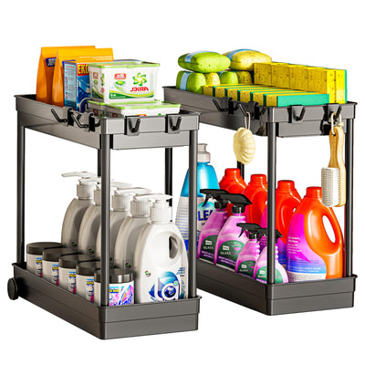 Cicilyna 2 Pack Under Sink Organizer, 2 Tier Bathroom Cabinet Organizers and Storage with Hook, Multi-purpose Storage Basket Shelf for Kitchen, Black