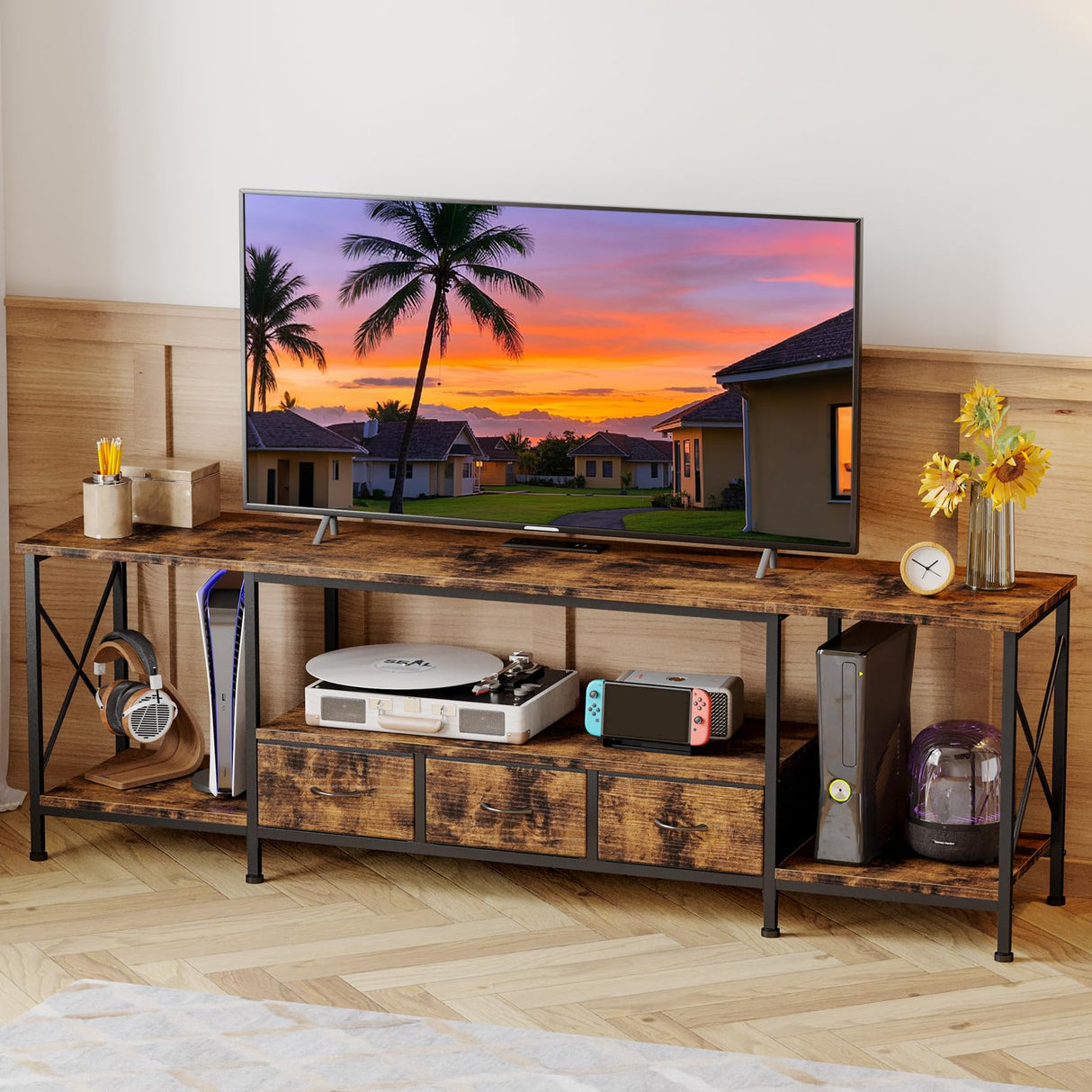 YGEOMER TV Stand Entertainment Center for 65 Inch TV with Power Outlets TV Console Table with Metal Frame Storage Shelves and Fabric Drawers for Living Room, Bedroom 63" Rustic Brown YGEOMER