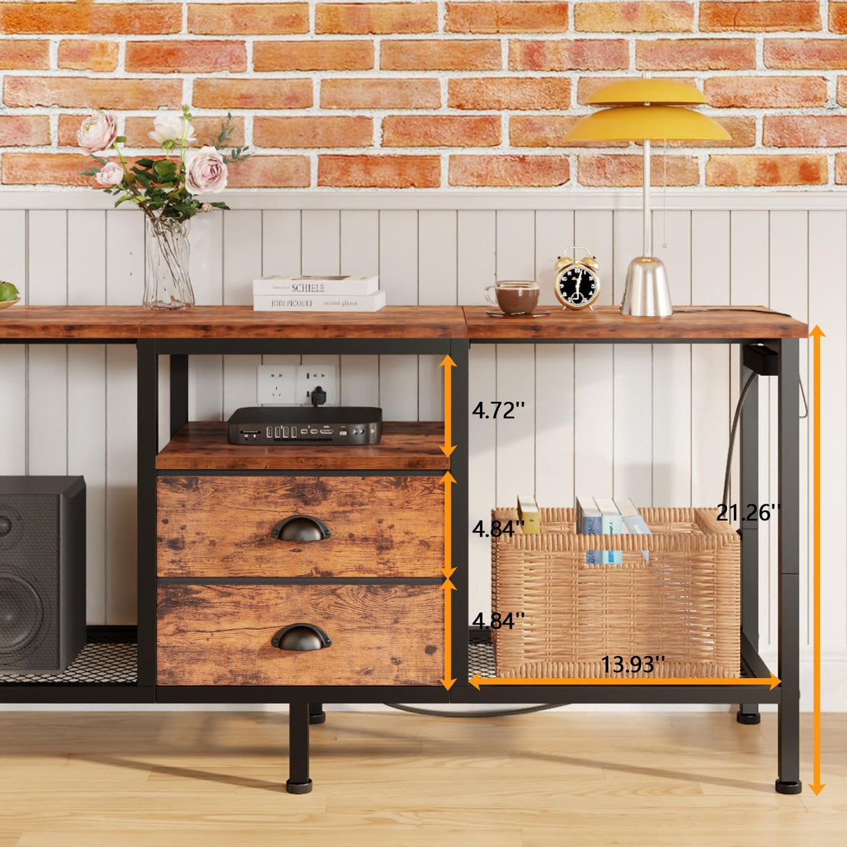 Furologee TV Stand with Power Outlets and 2 Fabric Drawers, 42 Inch Small Entertainment Center with Open Storage Shelves, Simple TV Console Table for Bedroom, Living Room, Rustic Brown Furologee