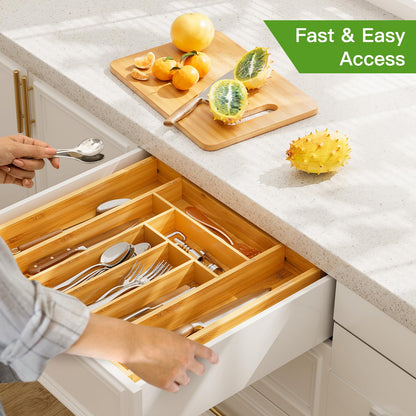 Pipishell Bamboo Expandable Drawer Organizer for Utensils Holder, Adjustable Cutlery Tray, Wood Drawer Dividers Organizer for Silverware, Flatware, Knives in Kitchen, Bedroom, Living Room(M-N)