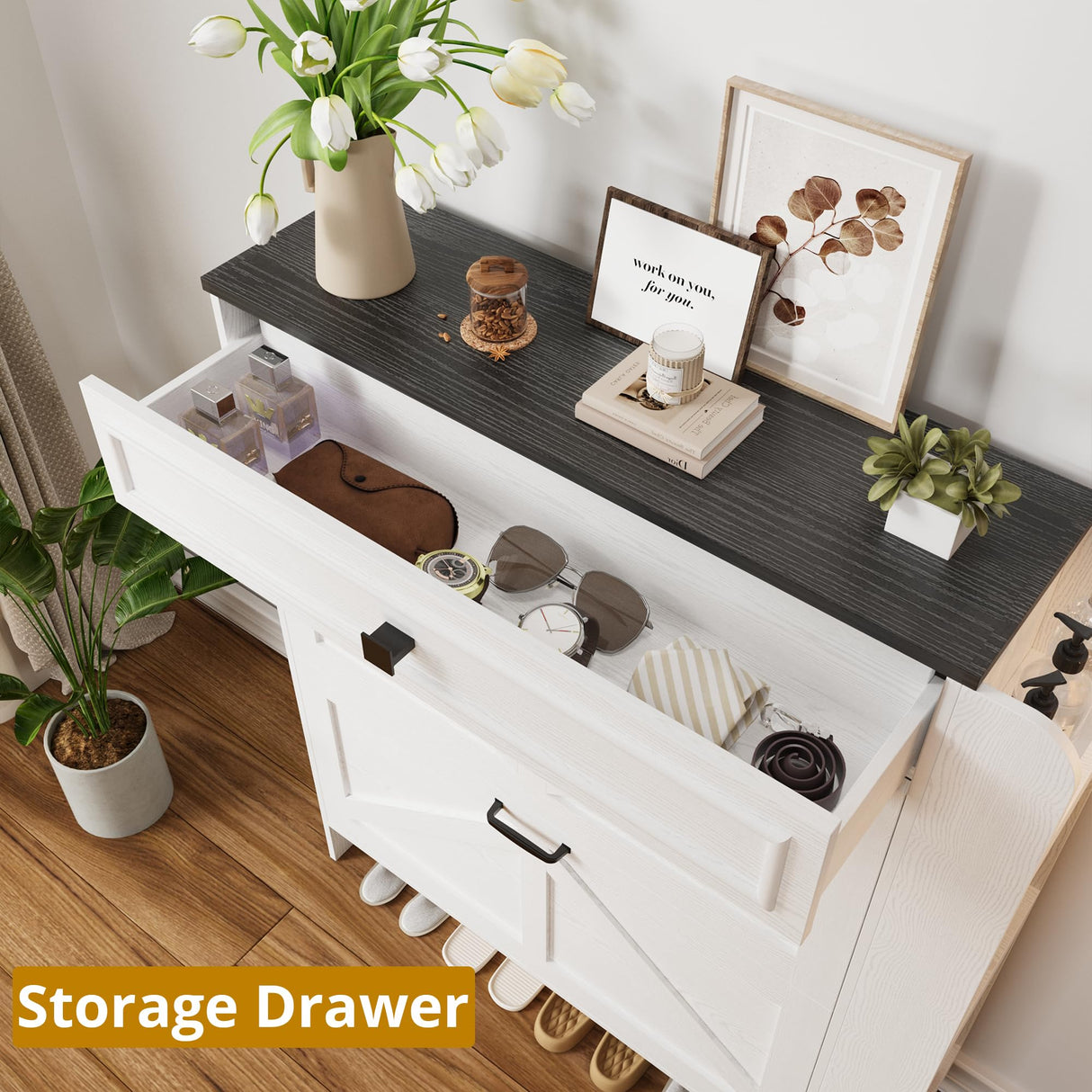 IRONCK Shoe Storage Cabinet with 2 Flip Drawers & Barn Door Design, Freestanding Shoe Cabinet Organizer with Drawer and Shelves for Entryway, Farmhouse Shoe Rack Cabinet, White/Black IRONCK