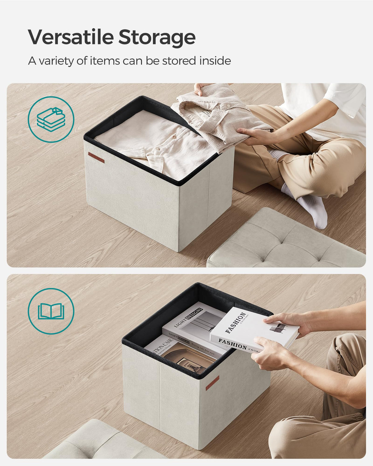 SONGMICS Storage Ottoman, Foldable Small Ottoman Foot Rest, 12.2 x 16.1 Inches Foot Stool, Ottoman with Storage, Load up to 286 lb, for Living Room, Bedroom, Dorm, Cream White ULSF200W01 SONGMICS