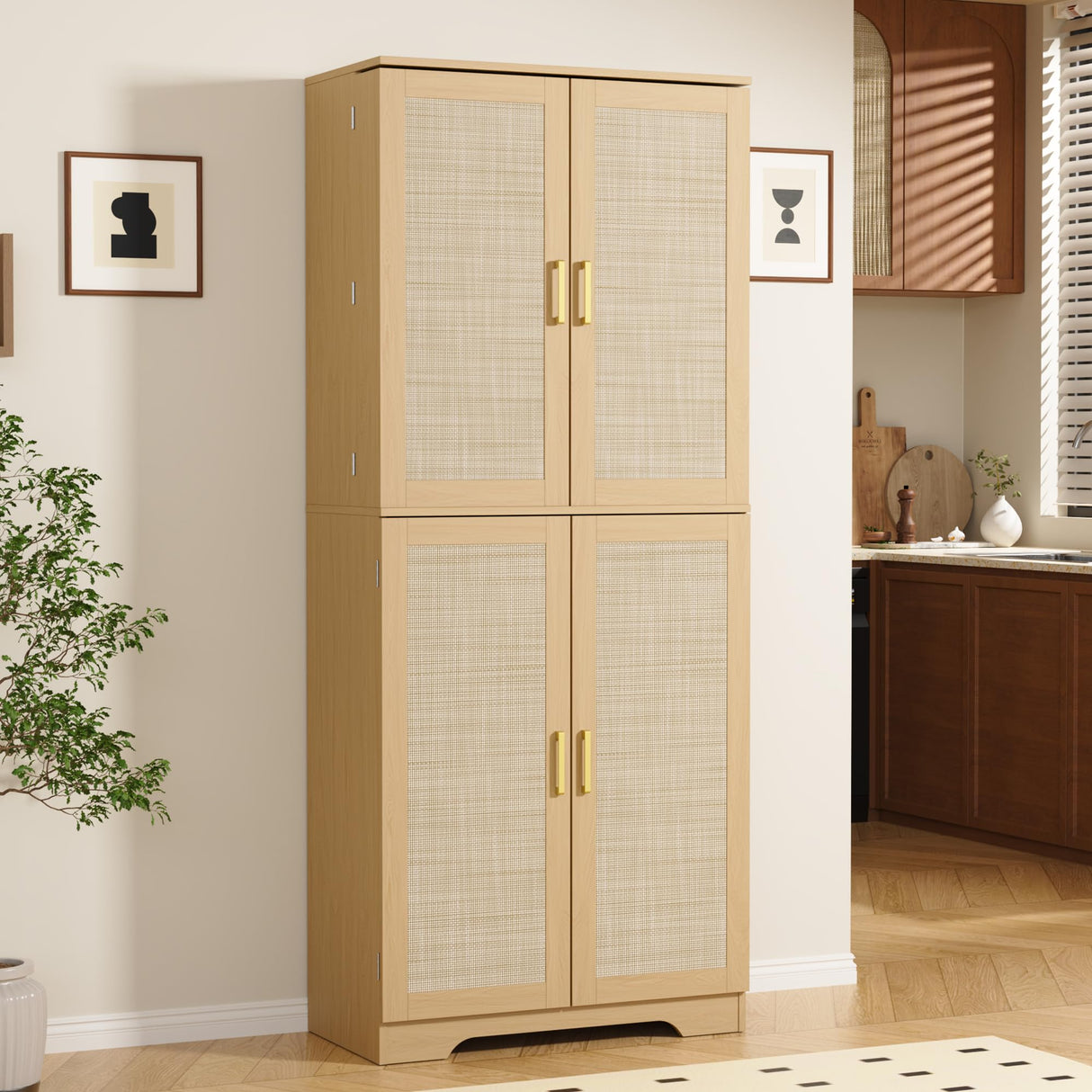Furnify 72" Tall Kitchen Pantry with Rattan Doors, Storage Cabinet with Organizer, Adjustable Shelves, Wood Freestanding Cupboard for Kitchen, Dining Room, Bathroom and Hallway, Natural Oak Furnify