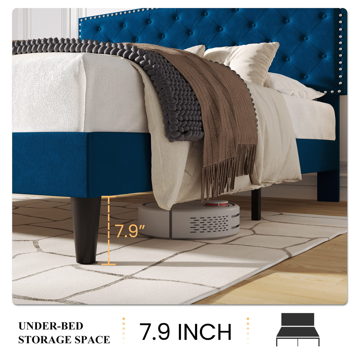 SHA CERLIN King Size Velvet Bed Frame with Adjustable Headboard, Diamond Button Tufted and Rivet Decor, No Box Spring Needed, Blue SHA CERLIN