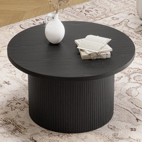 ONBRILL 31.5" Round Coffee Table, Tambour Design Coffee Tables for Living Room, Mid Century Modern Wood Coffee Table, Drum Accent Small Center Table, Black ONBRILL