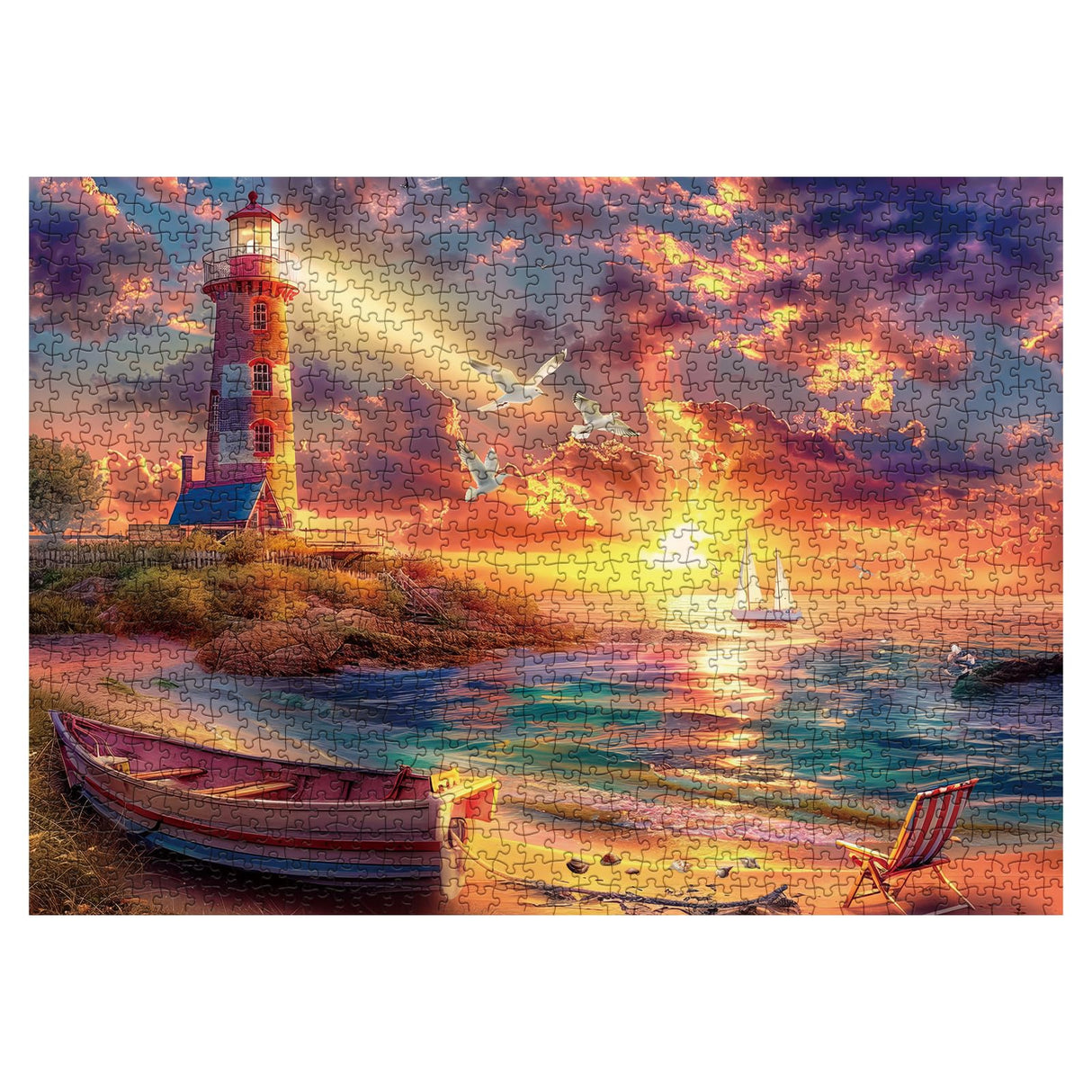 Beach Ocean Lighthouse Puzzle for Adults 1000 Pieces Nature, Summer Sunset Landscape Jigsaw Puzzle, Sailboat Scenery Puzzle BBOLDIN