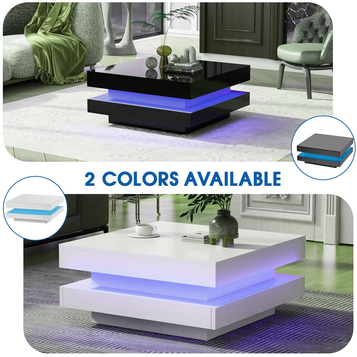 LED Coffee Table for Living Room, 2-Tier Modern Middle Center Table, Coffee Table with 16-Color Plug-in LED Light, Cocktail Tea Table for Home Office Reception Room, Black realglow