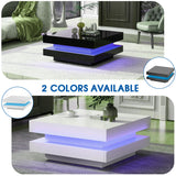 LED Coffee Table for Living Room, 2-Tier Modern Middle Center Table, Coffee Table with 16-Color Plug-in LED Light, Cocktail Tea Table for Home Office Reception Room, Black realglow
