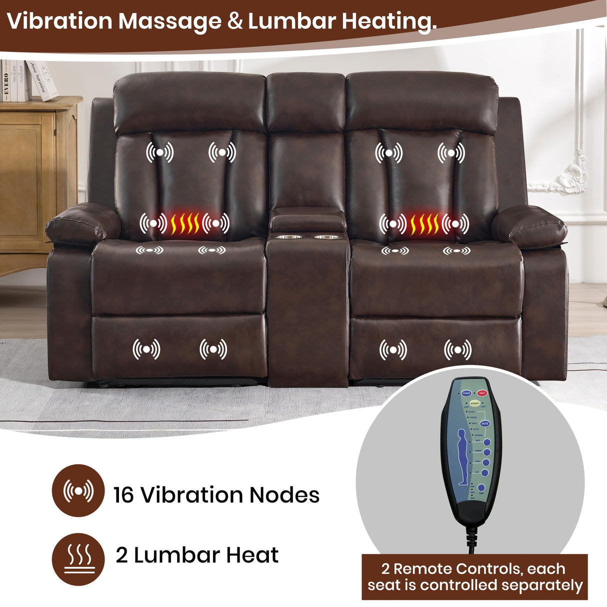 GUEAPY Power Reclining Loveseat with Console, 70.9" Faux Leather Loveseat Recliner with Heat & Massage, Double RV Recliner Sofa with Cup Holders, USB & Type-C Ports, Storage Pocket GUEAPY