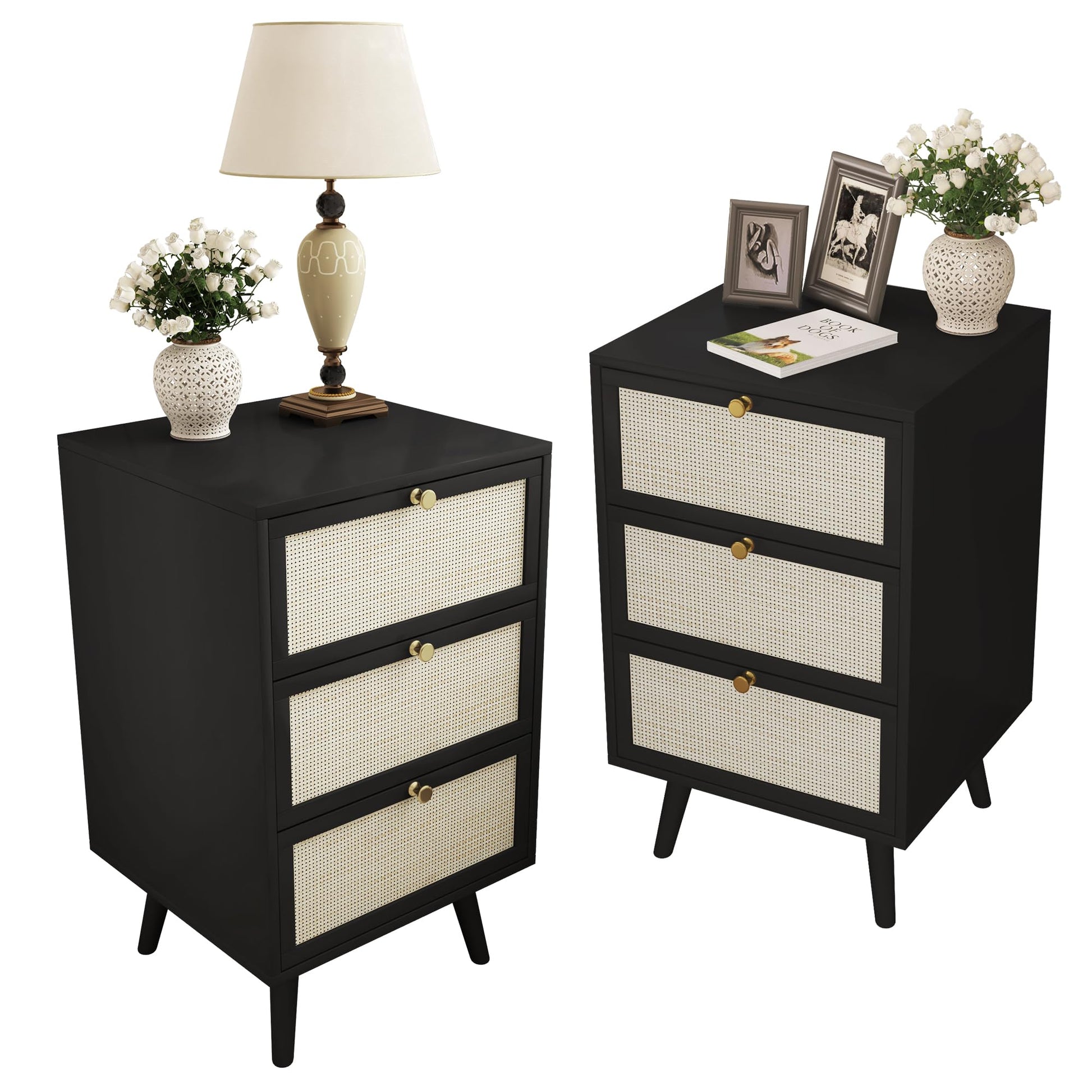 PHOYAL Rattan Nightstand Set of 2, End Table Rattan Bedside Table with Storage 3-Drawer Side Table with 3 Hand Made Rattan Decorated Drawers Wood Accent Table, Black 2 Pack - WoodArtSupply