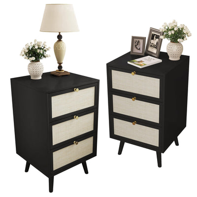 PHOYAL Rattan Nightstand Set of 2, End Table Rattan Bedside Table with Storage 3-Drawer Side Table with 3 Hand Made Rattan Decorated Drawers Wood Accent Table, Black 2 Pack