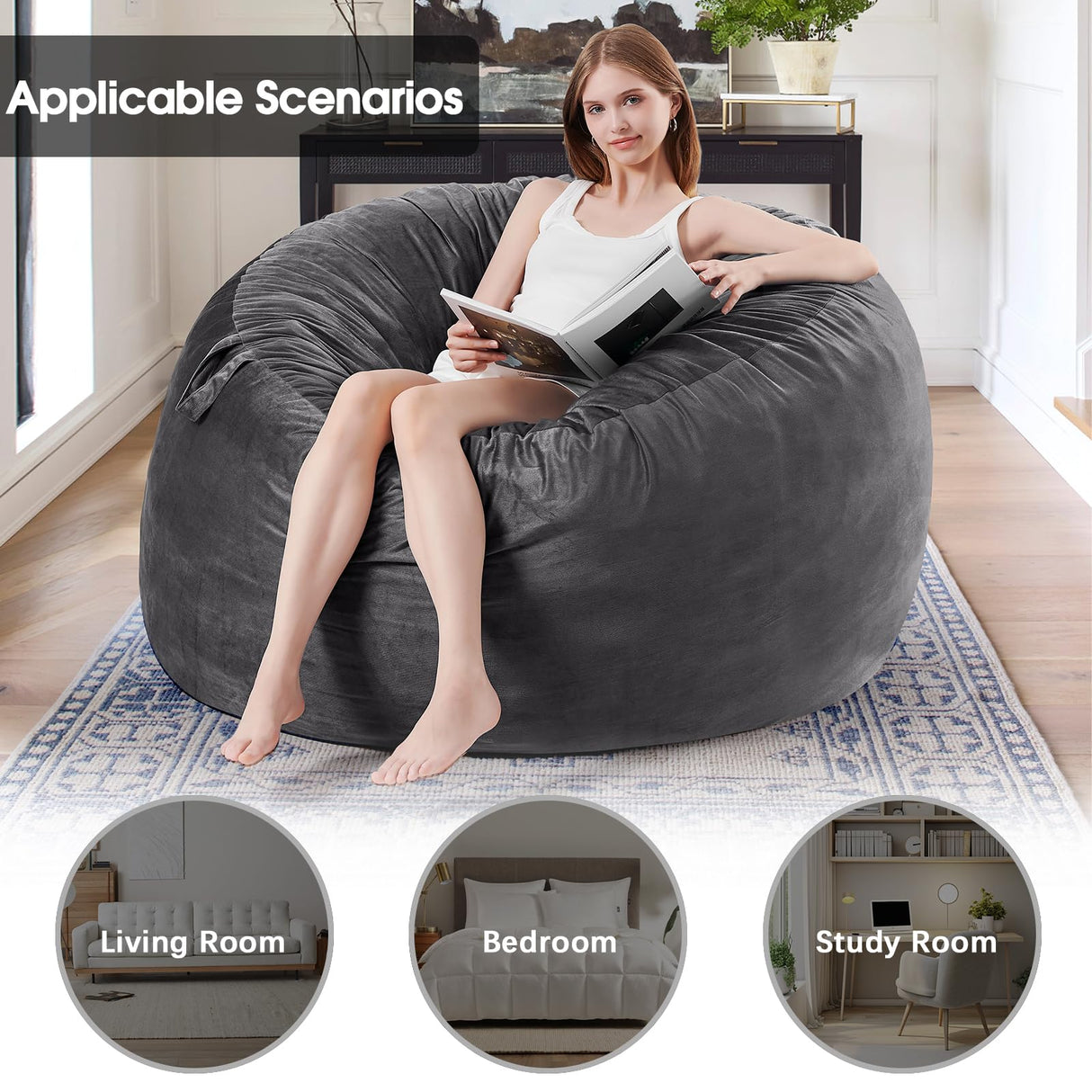 ILPEOD Bean Bag Chairs for Adults - Memory Foam Furniture BeanBag Chair - Kids/Teens Sofa with Soft Micro Fiber Cover - Round Fluffy Couch for Living Room Bedroom College Dorm - 3 ft, Gray Stripe ILPEOD