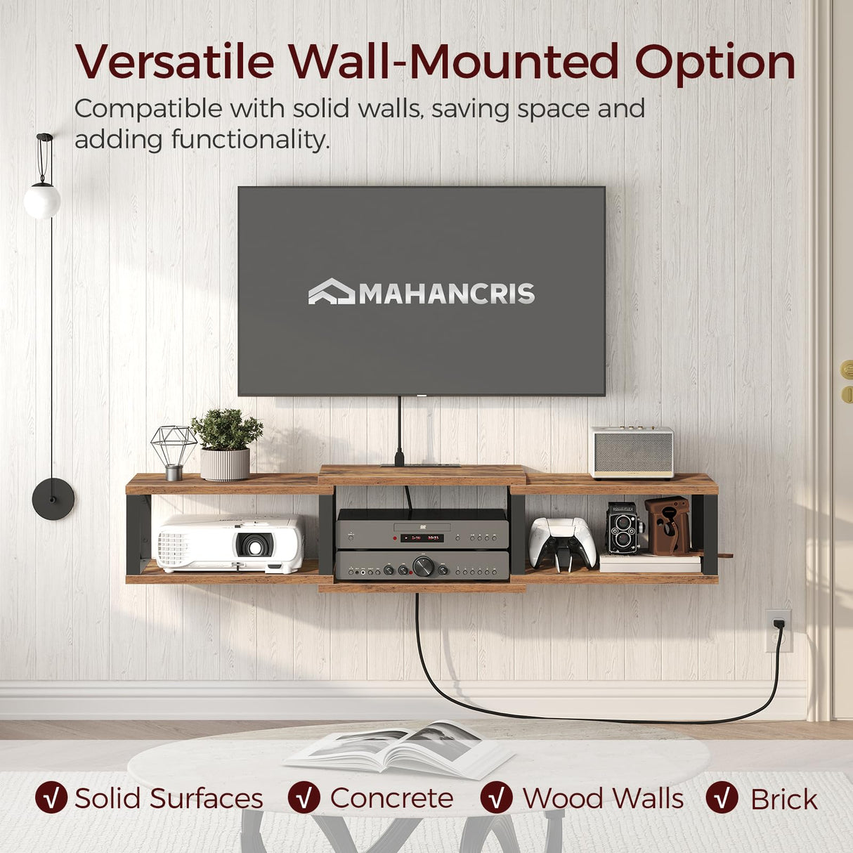 MAHANCRIS Floating TV Stand with Power Outlet, Wall-Mounted Entertainment Console Center with Storage, Floating TV Shelf for Under TV Storage, for Living Room, Bedroom, Rustic Brown TVHR101E01 MAHANCRIS