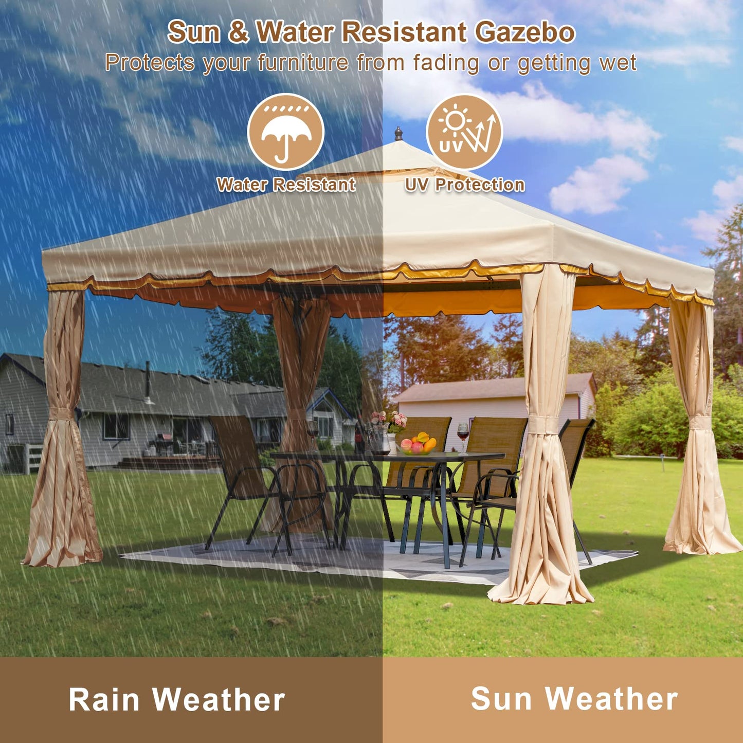 Erommy 10' x 12' Outdoor Canopy Gazebo, Double Roof Patio Gazebo Steel Frame with Netting and Shade Curtains for Garden, Patio, Party Canopy, Beige