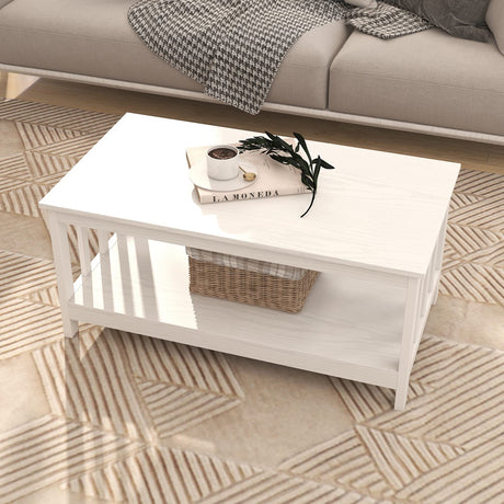 ChooChoo Farmhouse Coffee Table, Pure White Living Room Table with Shelf, 40 Inch ChooChoo