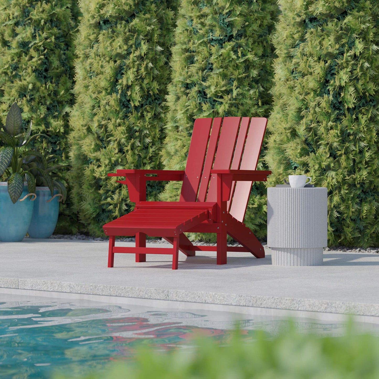 Flash Furniture Halifax Poly Resin Adirondack Chair with Cup Holder and Pull Out Ottoman, All-Weather Poly Resin Indoor/Outdoor Lounge Chair, Red