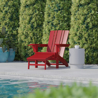 Flash Furniture Halifax Poly Resin Adirondack Chair with Cup Holder and Pull Out Ottoman, All-Weather Poly Resin Indoor/Outdoor Lounge Chair, Red