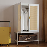 MtuxuYR Natural Rattan Wardrobe Closet，Elegant Handle Bedroom Armoire with Aluminum Hanging Rod,Wooden Freestanding Wardrobe Armoires with 2 Doors for Apartment Office(White) MtuxuYR