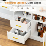 Pamapic Vanity Desk with Mirror and Lights, 13 Storage Makeup Vanity with 4 Drawers and 8 Shelves, 62" Large Dresser Dressing Table with Power Outlet, 3 Lighting Modes, Silent Slides, White Pamapic