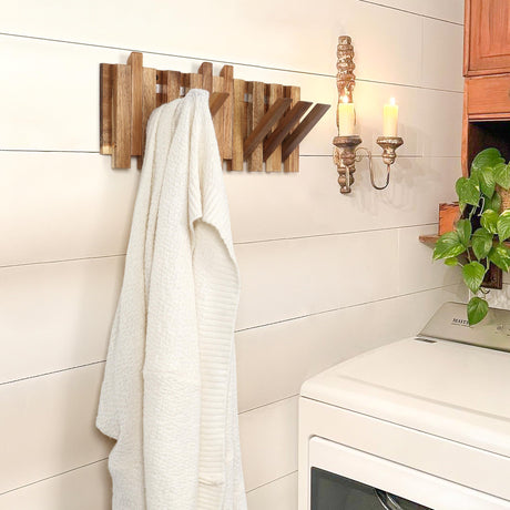KYIAANY Wall Coat Rack for Entryway: Rustic Wooden Folding 8 Hooks Mount 16.5inch Decorative Piano Hanger for Farmhouse Hallway Bathroom for Towel Backpack Jacket (Staggered Style) KYIAANY
