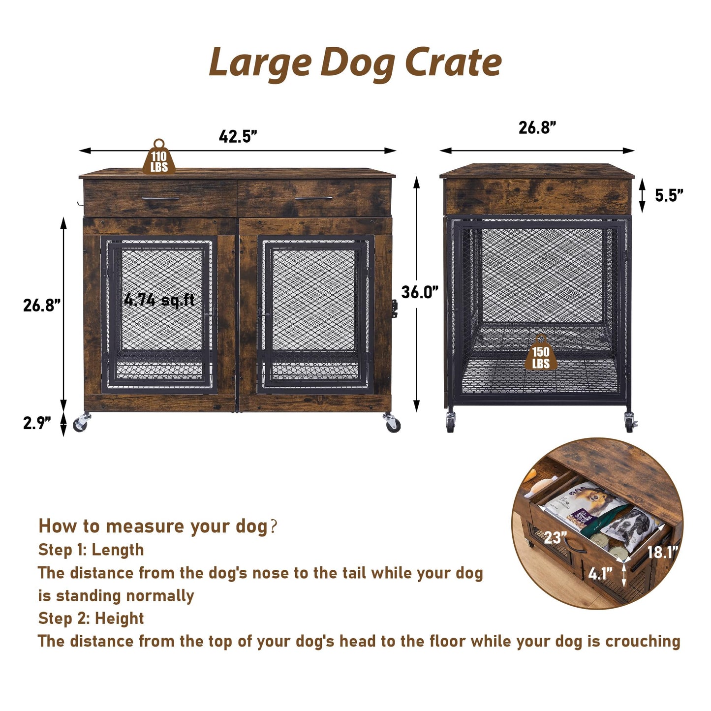 43" Large Dog Crate Furniture, Wood Dog Kennel End Table with Drawers, Decorative Pet Crate with Removable Partitions & Wheels, Dog House Indoor for Large/Medium/Small Dogs