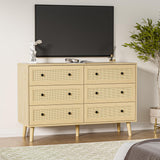 Wananlanen Rattan Dresser for Bedroom, Boho 6 Drawer Dressers & Chest of Drawers with Storage and Metal Handle, Modern Natural Wood Storage Dresser for Living Room, Hallway, Entryway Wananlanen