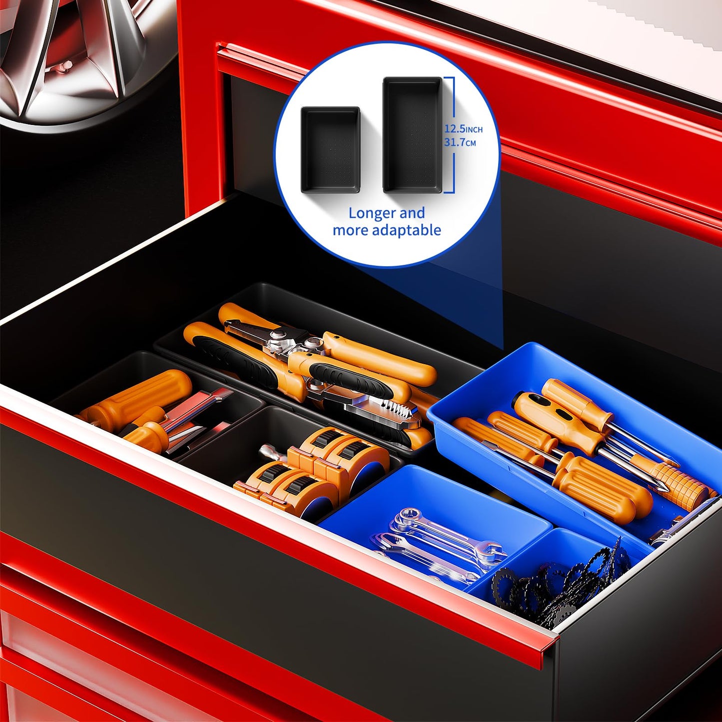 [5 Sizes] [69 PCS] Tool Drawer Organizer, Tool Box Organizer Tray, Desk Drawer Organizer Tray, Rolling Tool Chest Organizer, Toolbox Organizer (Black+Blue)