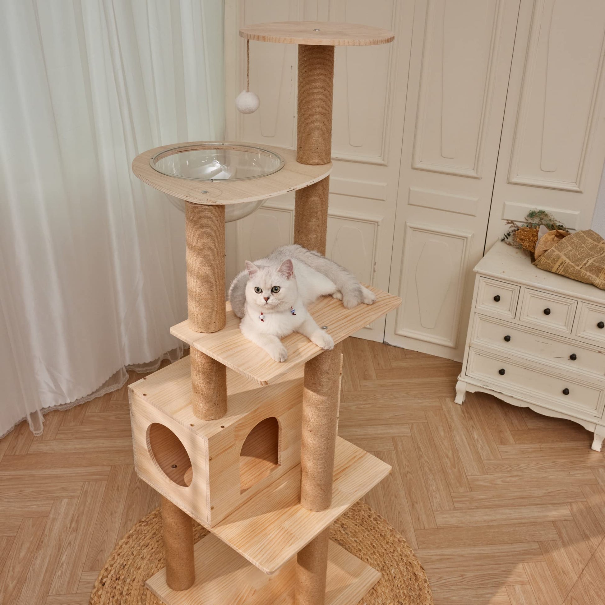 Lazyworm Modern Multi-Level Large Real Solid Wood Cat Tree, Luxury Wooden Cat Tower Cat Condo with Multi-Layer Platform for Indoor Cats - WoodArtSupply