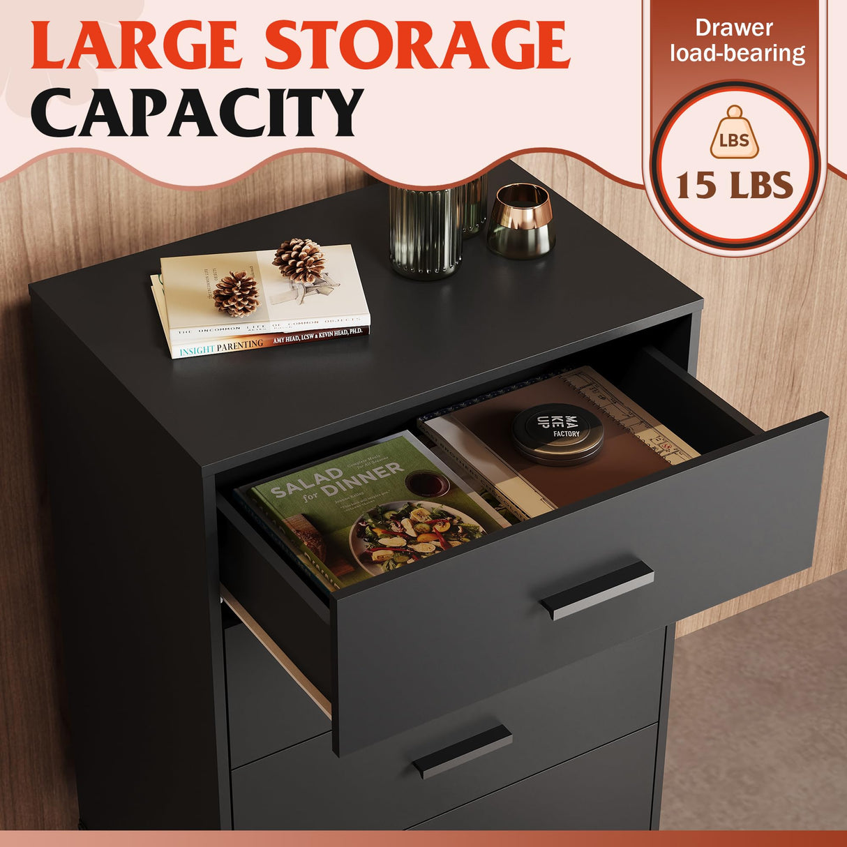 WLIVE Wood Dresser for Bedroom with 4 Drawers, Nightstand, Chest of Drawers, Tall Dresser Drawers with Sturdy Metal Frame for Hallway, Living Room, Closet, Black WLIVE